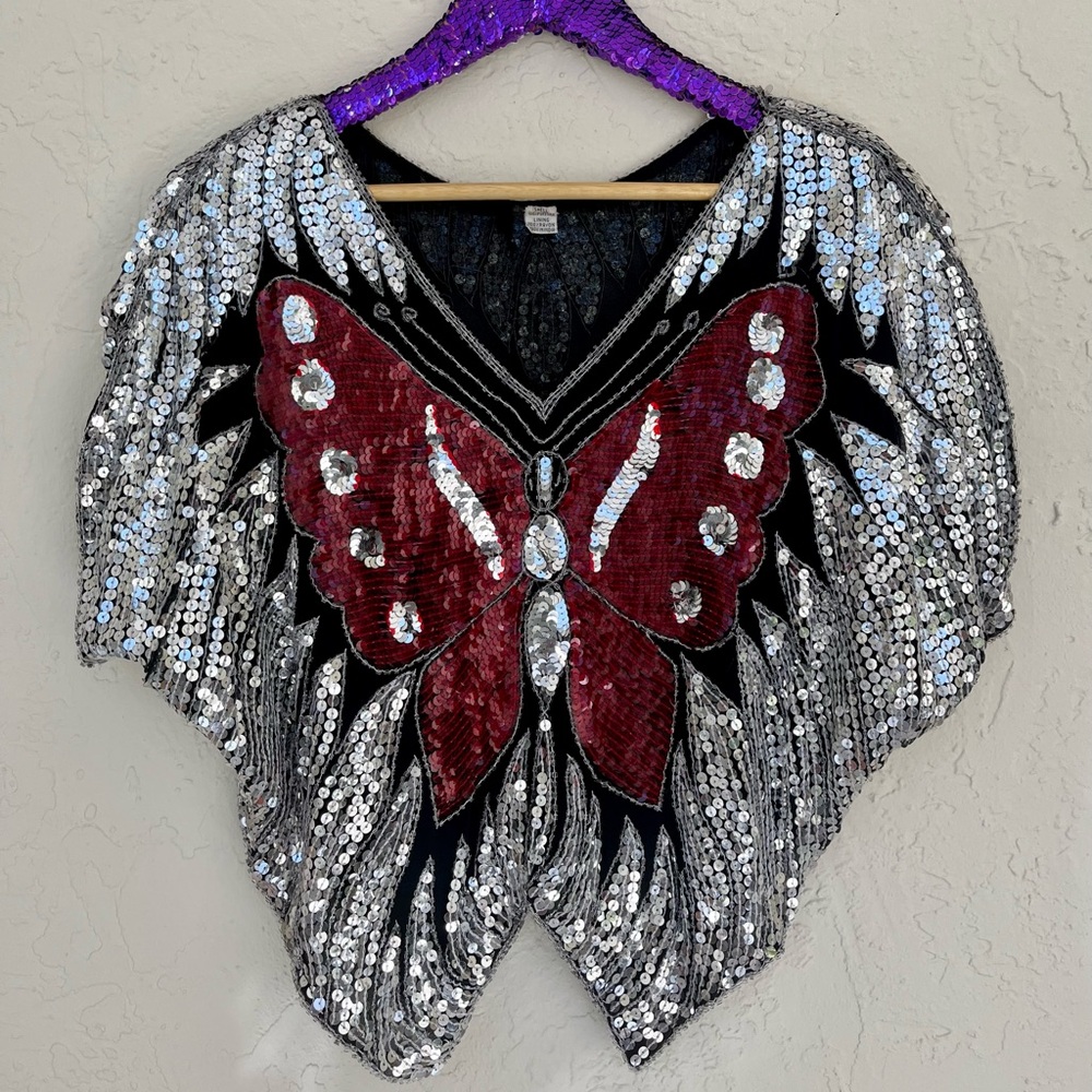 70s Vintage Sequin Beaded Butterfly Top